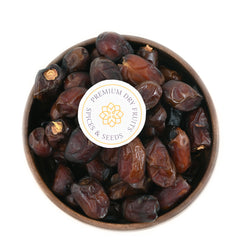 Khudri dates have a smooth dark brown color, not too wrinkly. Their skin flakes a little and come in both small and large sizes